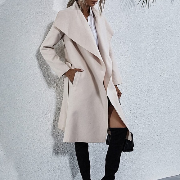 Cream waterfall trench Coat Belted Classic fall Minimalist - Picture 4 of 6